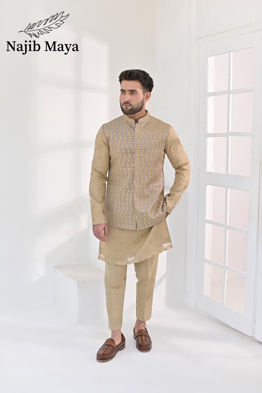 Beige Embroidery Waist Coat & Beige Embroidery Kurta Pajama For Men's