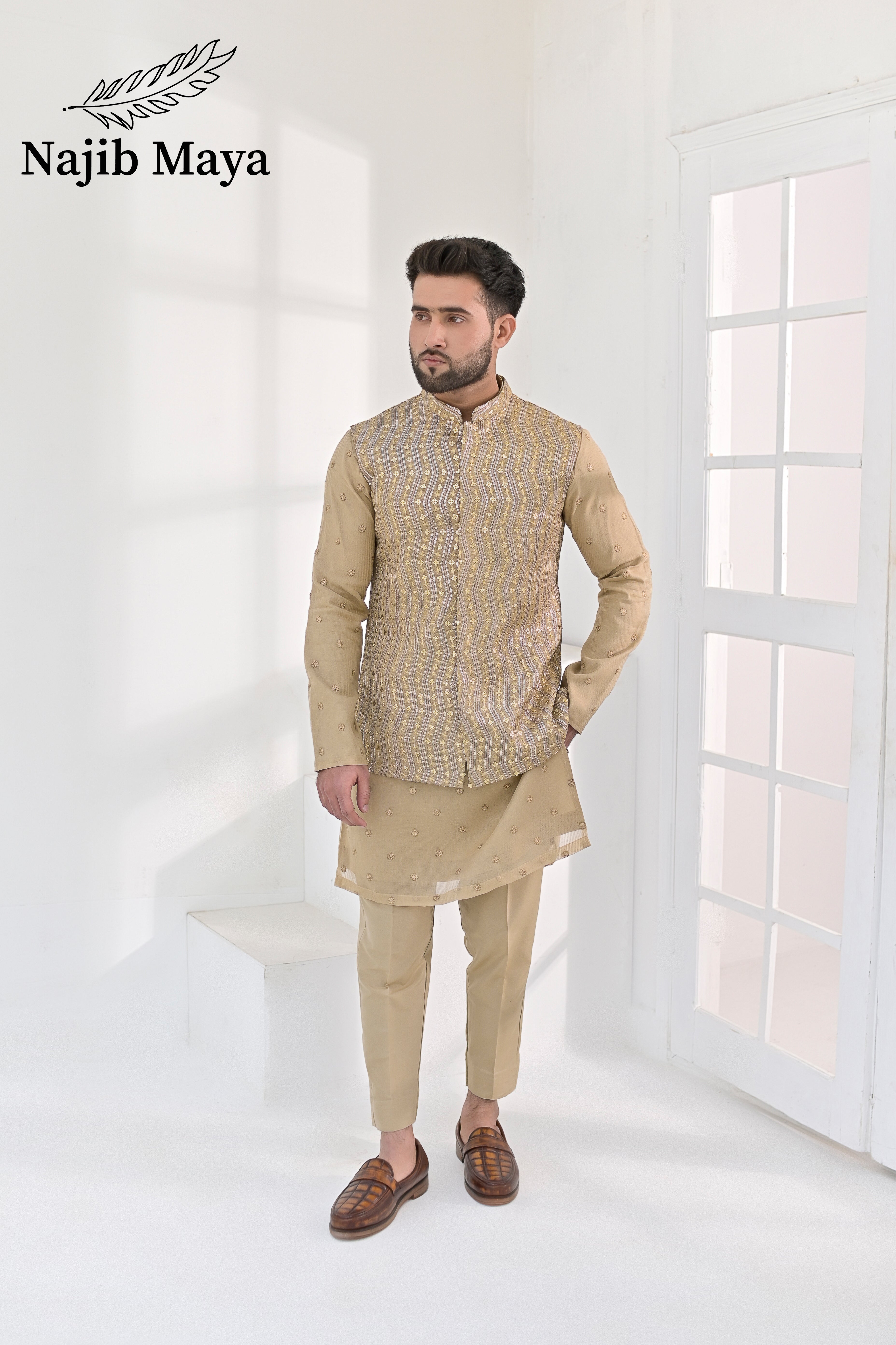 Beige Embroidery Waist Coat & Beige Embroidery Kurta Pajama For Men's