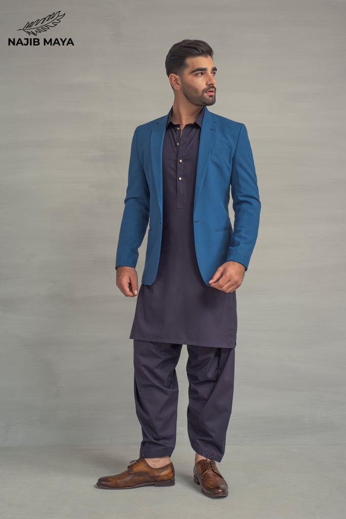 Ink Blue Casual Coat + Purple Shalwar Kameez For Men's