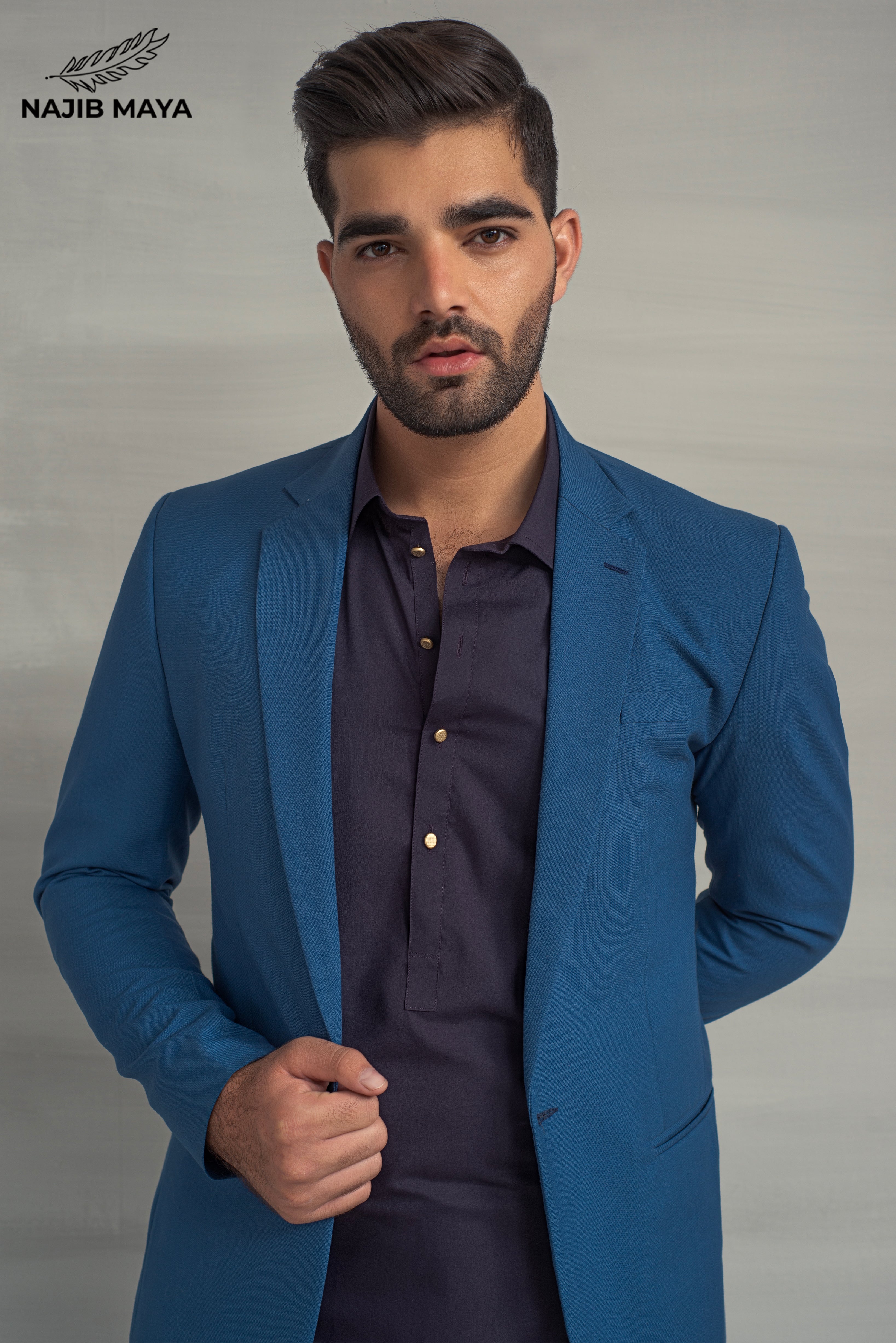 Ink Blue Casual Coat + Purple Shalwar Kameez For Men's Secondary image