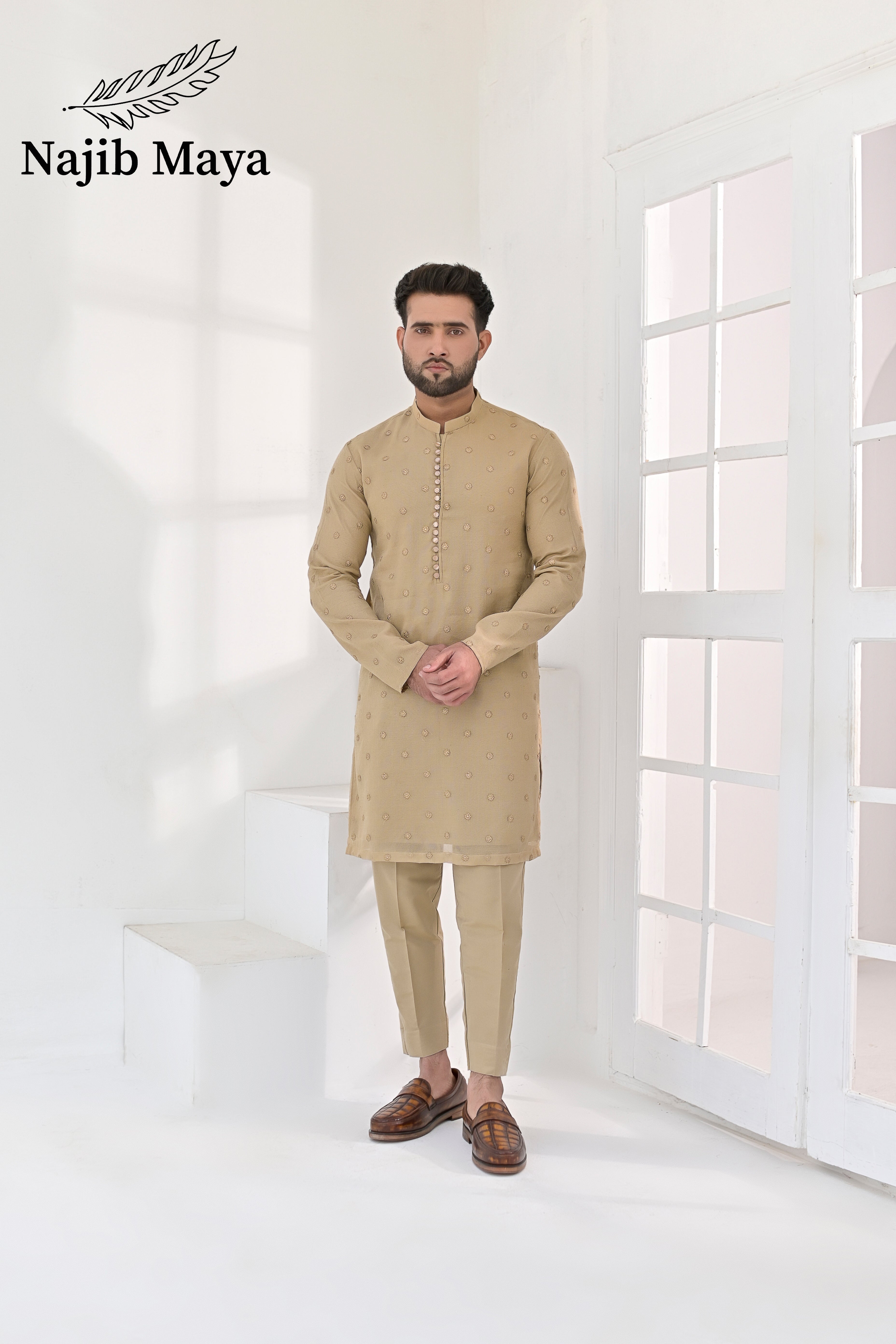 Beige Embroidered Kurta Pajama For Men's Main image