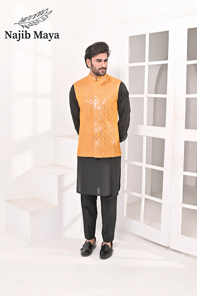 Orange Mustard Embroidery Waist Coat & Black Kurta Pajama For Men's