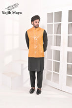 Load image into Gallery viewer, Orange Mustard Embroidery Waist Coat &amp; Black Kurta Pajama For Men&#39;s