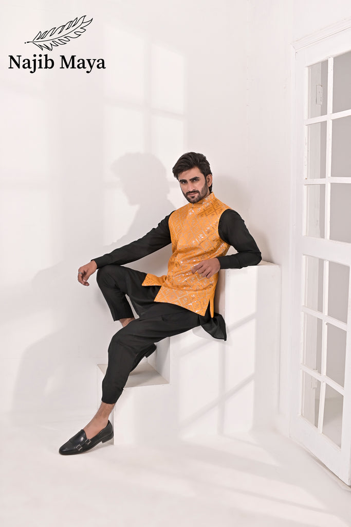 Orange Mustard Embroidery Waist Coat & Black Kurta Pajama For Men's