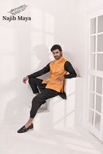 Load image into Gallery viewer, Orange Mustard Embroidery Waist Coat &amp; Black Kurta Pajama For Men&#39;s