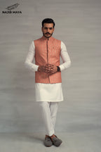 Powder Pink Embroidery Waistcoat + White Kurta Pajama For Men's