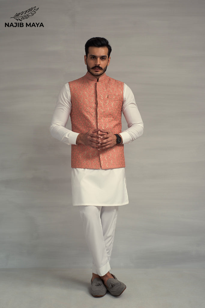 Powder Pink Embroidery Waistcoat + White Kurta Pajama For Men's