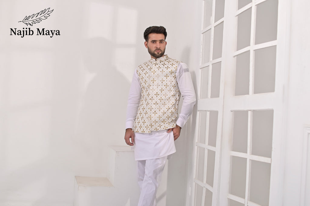 White Golden Embroidery Waist Coat & White Kurta Pajama For Men's