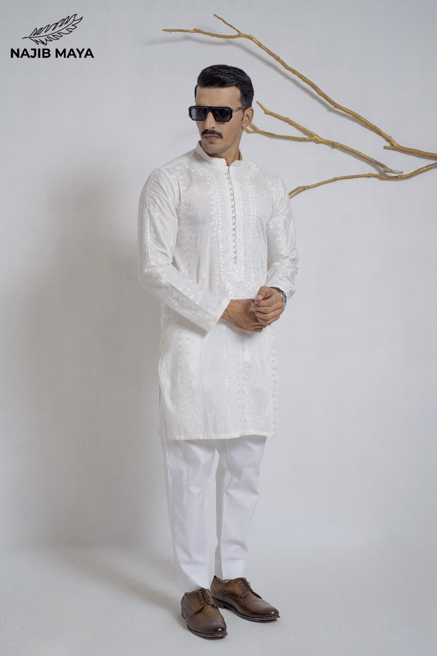 White Stylish Embroidery Kurta Pajama For Men's Main image