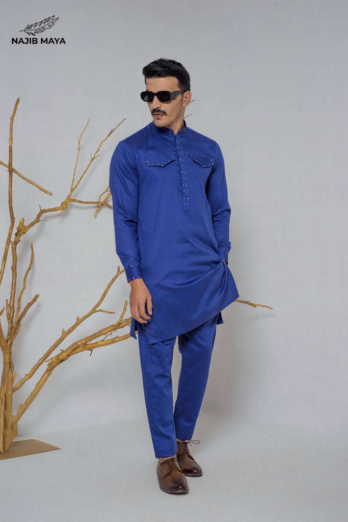 Royal Blue Pocket Style Kurta Pajama For Men's