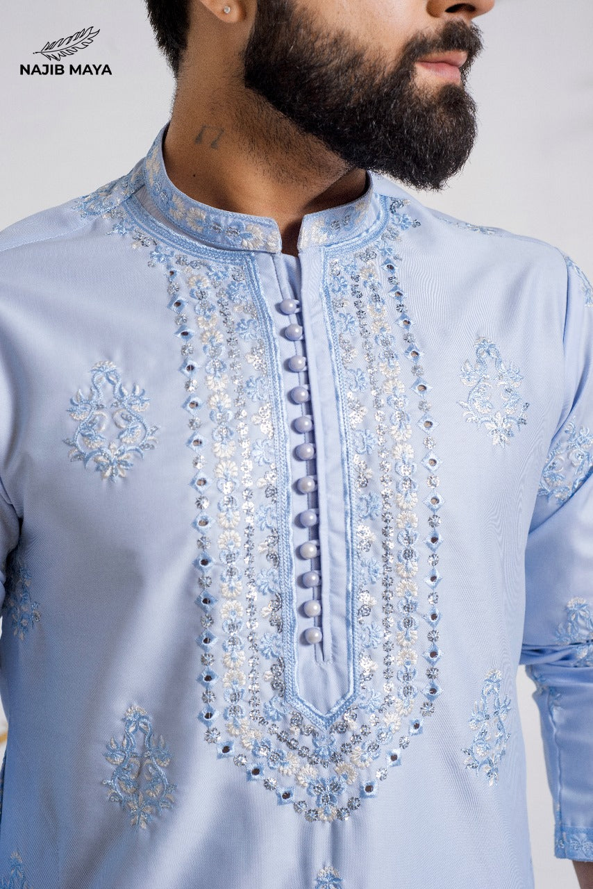 Ice Blue Stylish Embroidered Kurta Pajama For Men's Secondary image