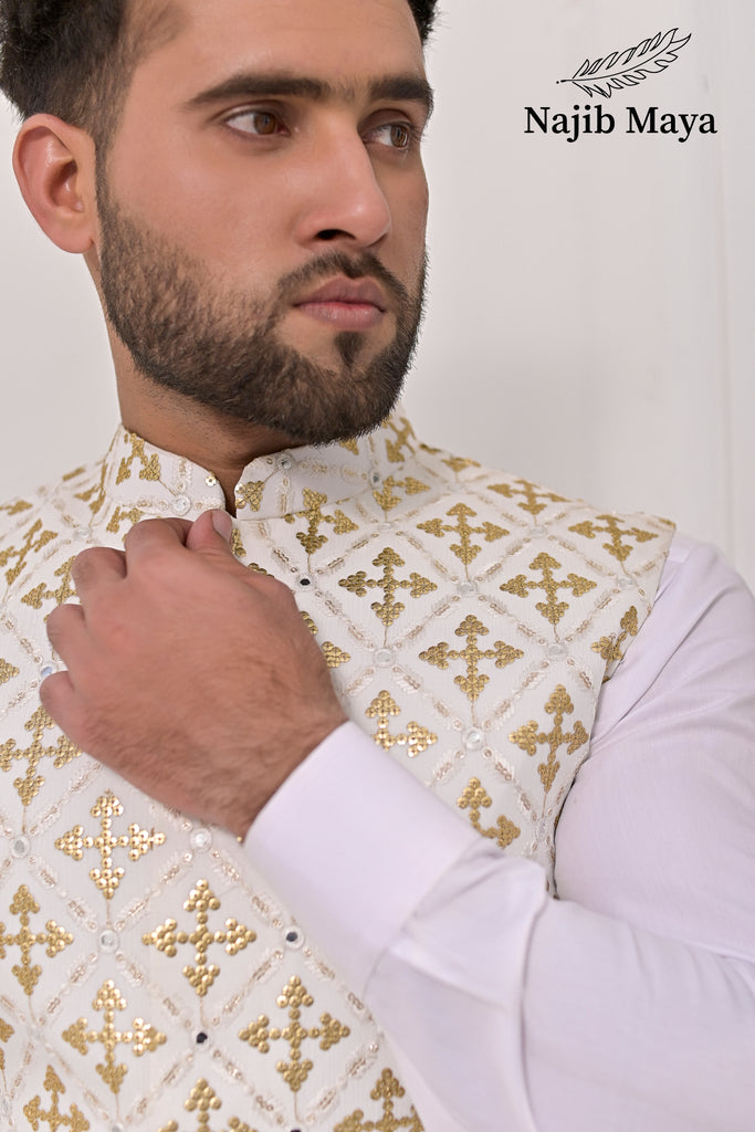 White Golden Embroidery Waist Coat & White Kurta Pajama For Men's