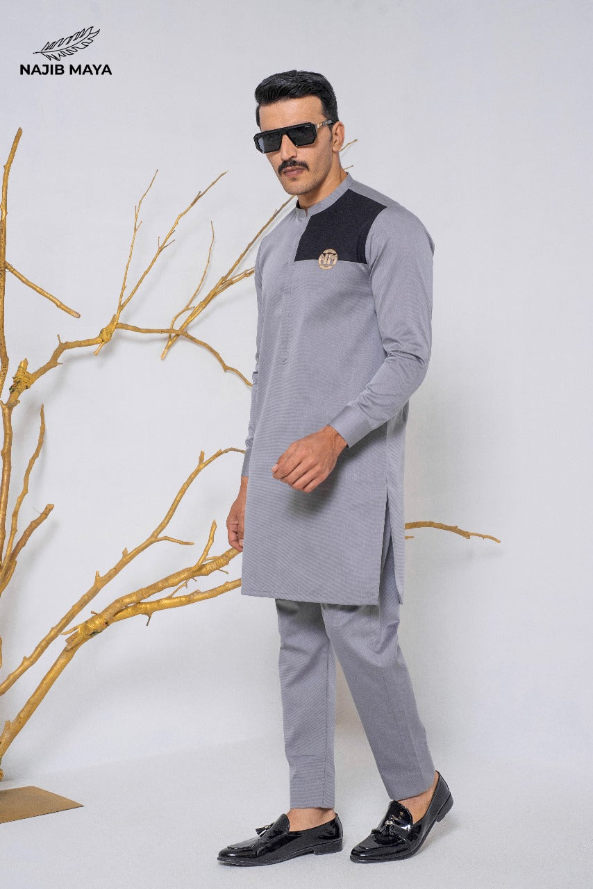Grey Embroidered Logo Kurta Pajama For Men's