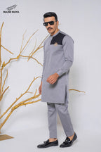 Grey Embroidered Logo Kurta Pajama For Men's
