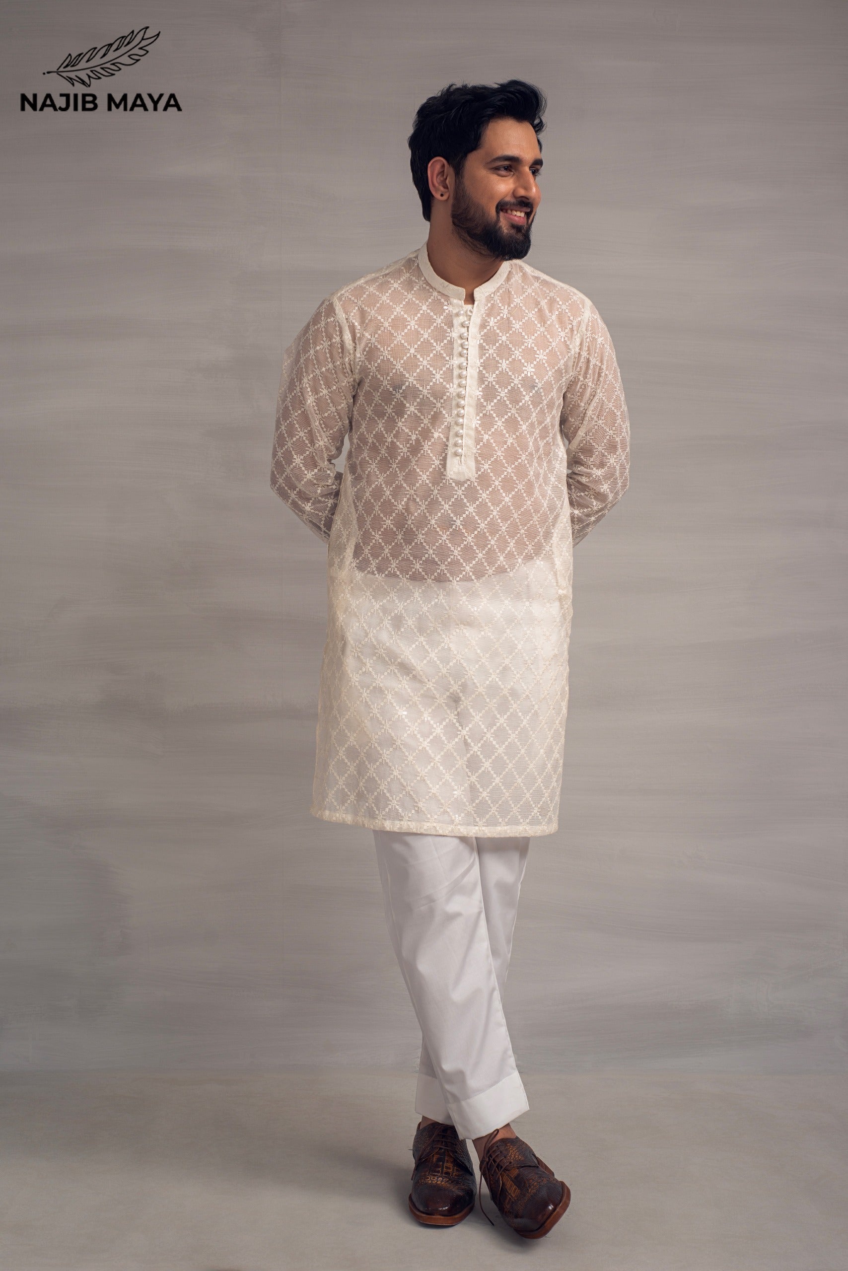 White Embroidery Sequence Kurta Pajama For Men's Main image
