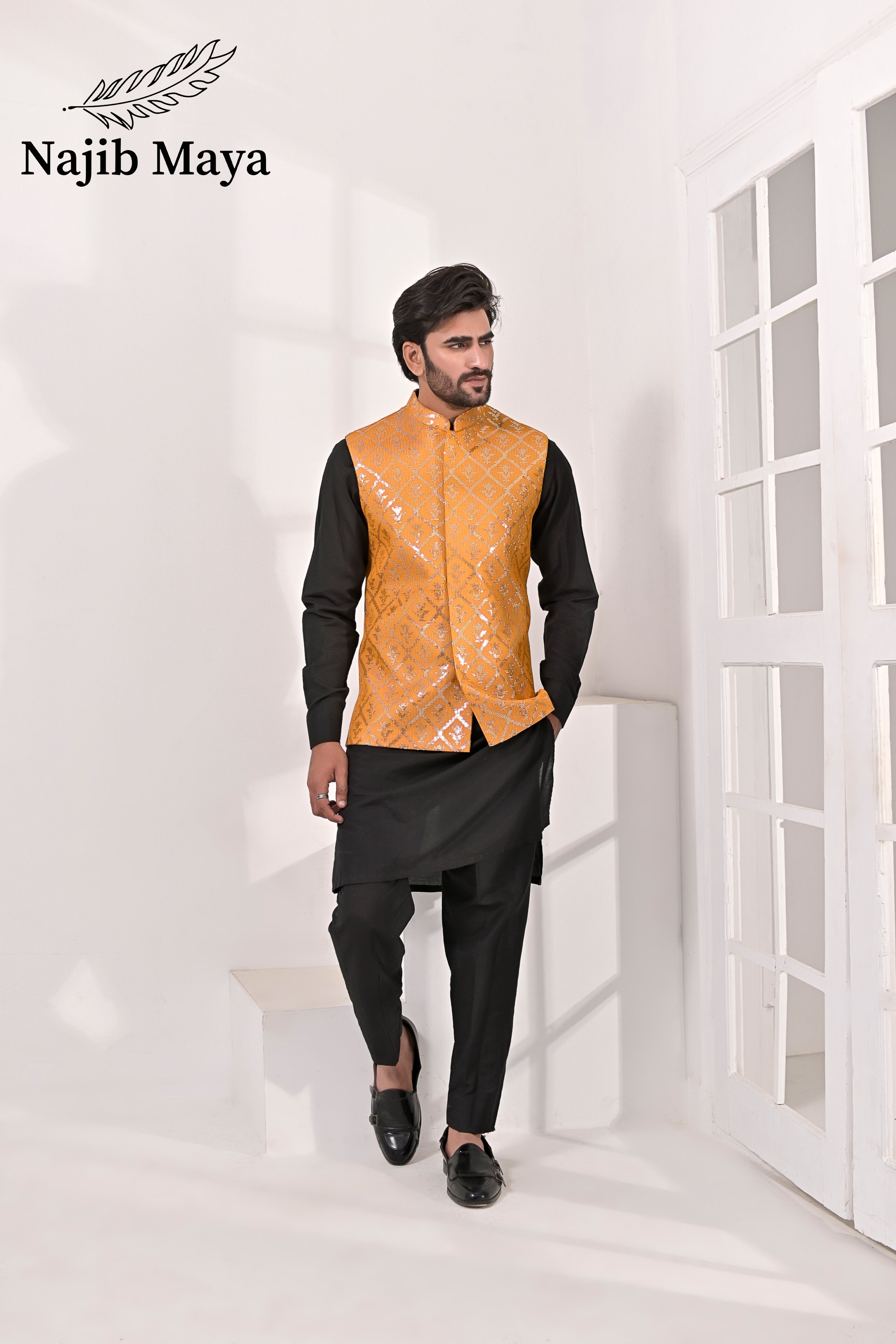 Orange Mustard Embroidery Waist Coat & Black Kurta Pajama For Men's