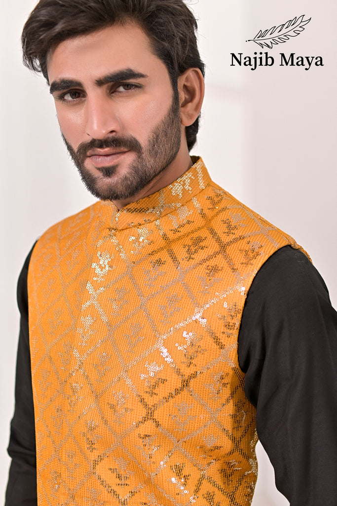 Orange Mustard Embroidery Waist Coat & Black Kurta Pajama For Men's