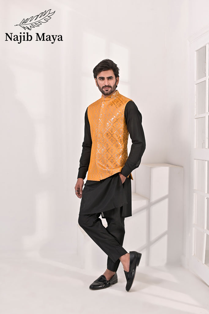 Orange Mustard Embroidery Waist Coat & Black Kurta Pajama For Men's