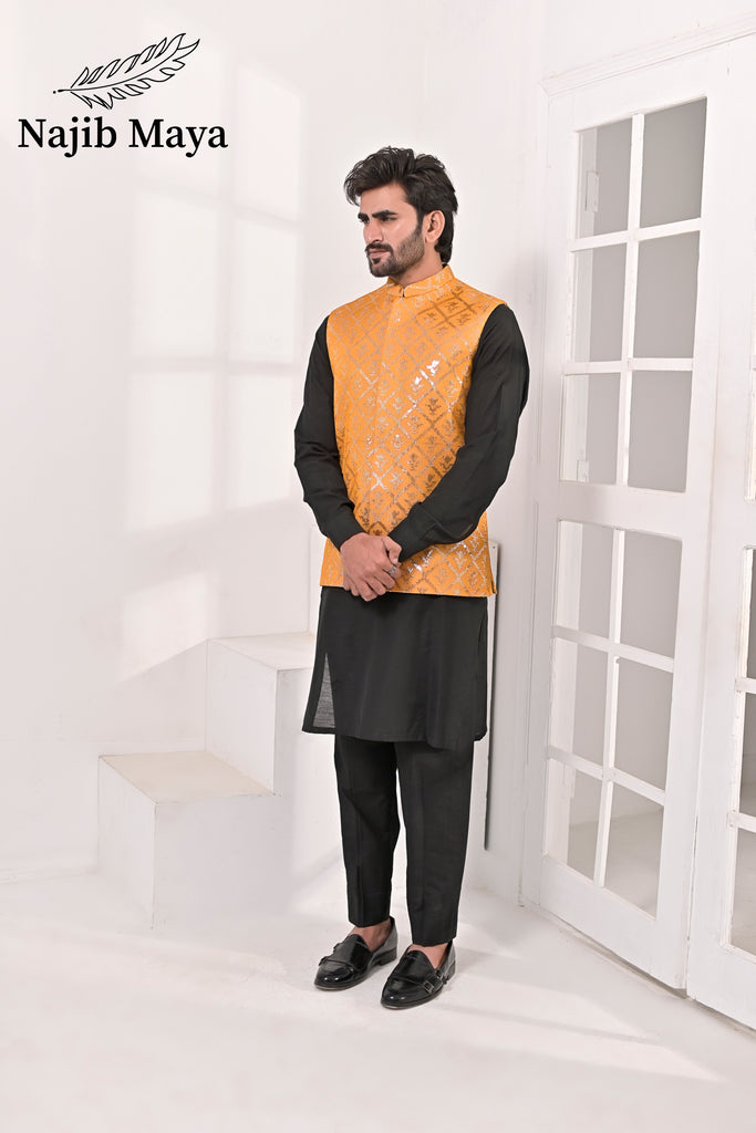 Orange Mustard Embroidery Waist Coat & Black Kurta Pajama For Men's