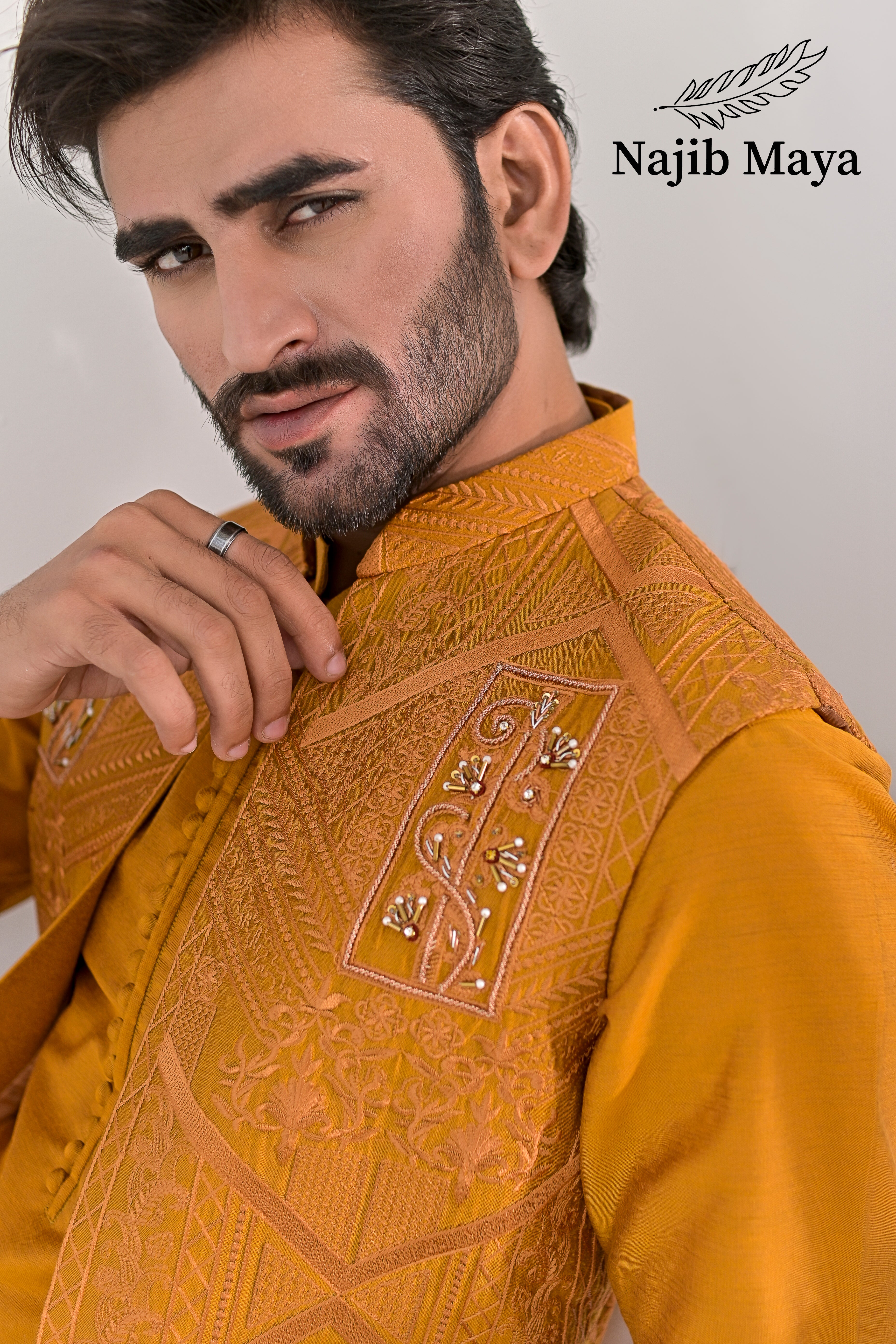 Mustard Embroidery + Handwork Work Waist Coat & Mustard Kurta Pajama For Men's Secondary image