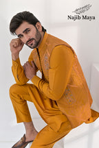 Mustard Embroidery + Handwork Work Waist Coat & Mustard Kurta Pajama For Men's