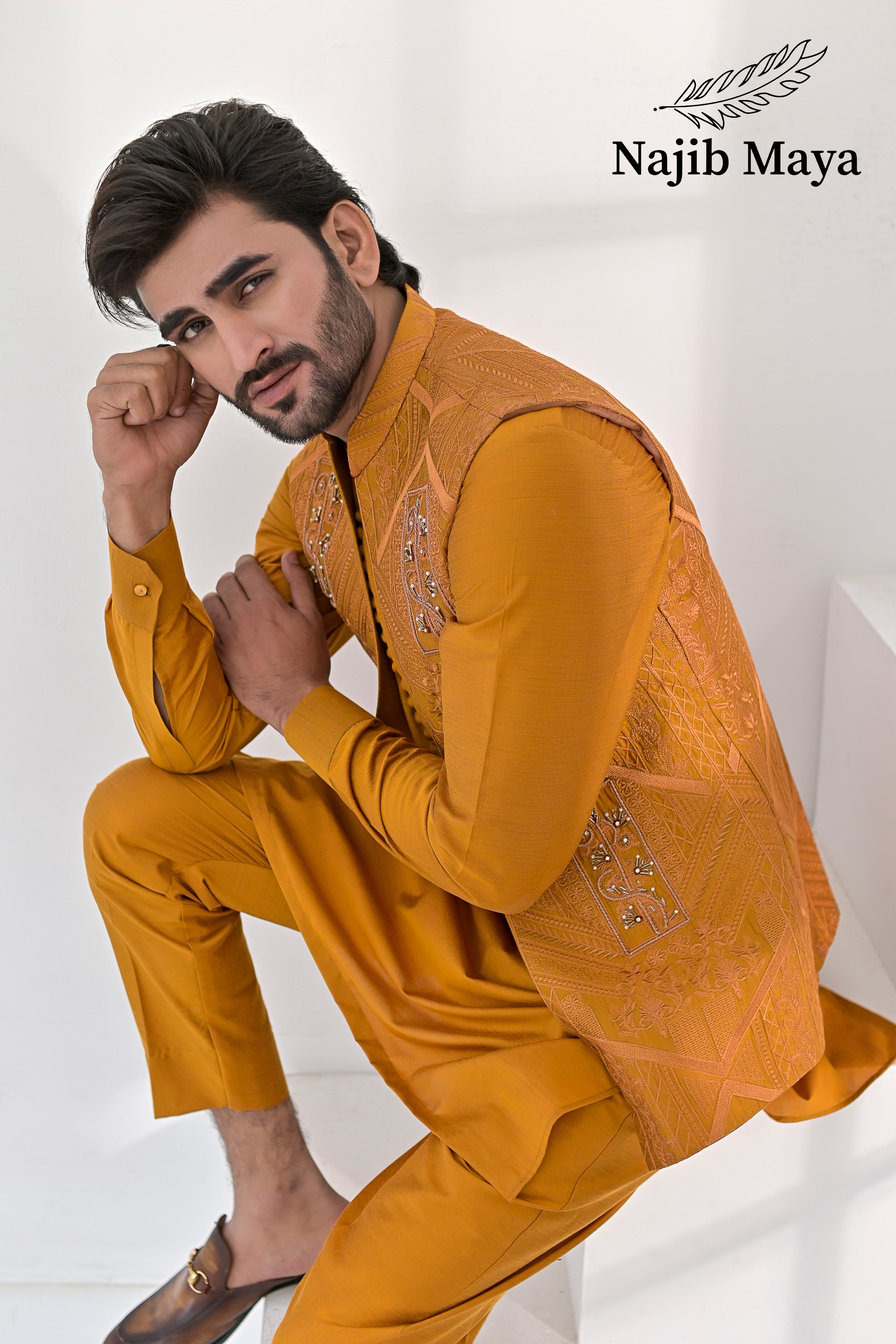 Mustard Embroidery + Handwork Work Waist Coat & Mustard Kurta Pajama For Men's