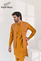 Mustard Embroidery + Handwork Work Waist Coat & Mustard Kurta Pajama For Men's