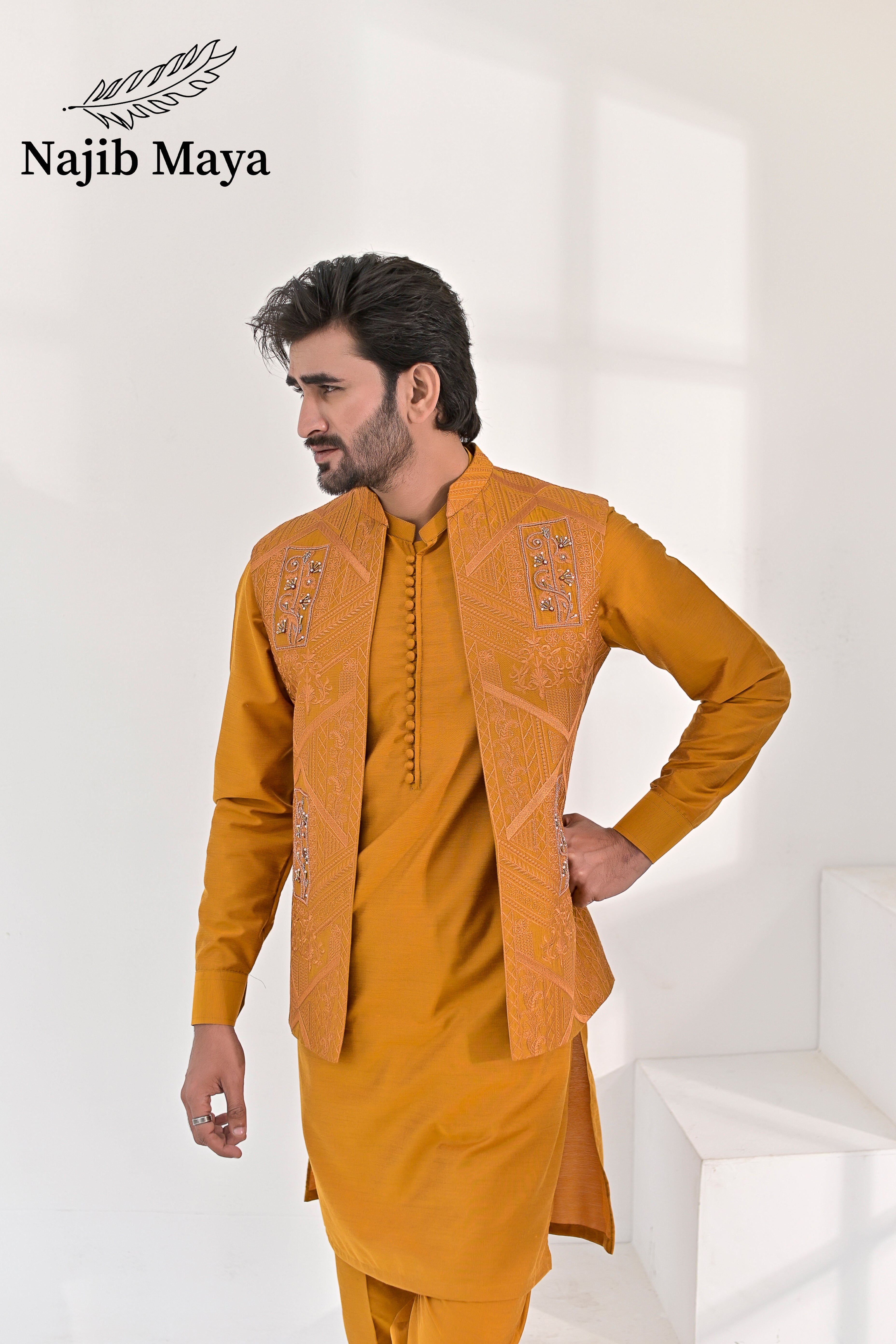 Mustard Embroidery + Handwork Work Waist Coat & Mustard Kurta Pajama For Men's