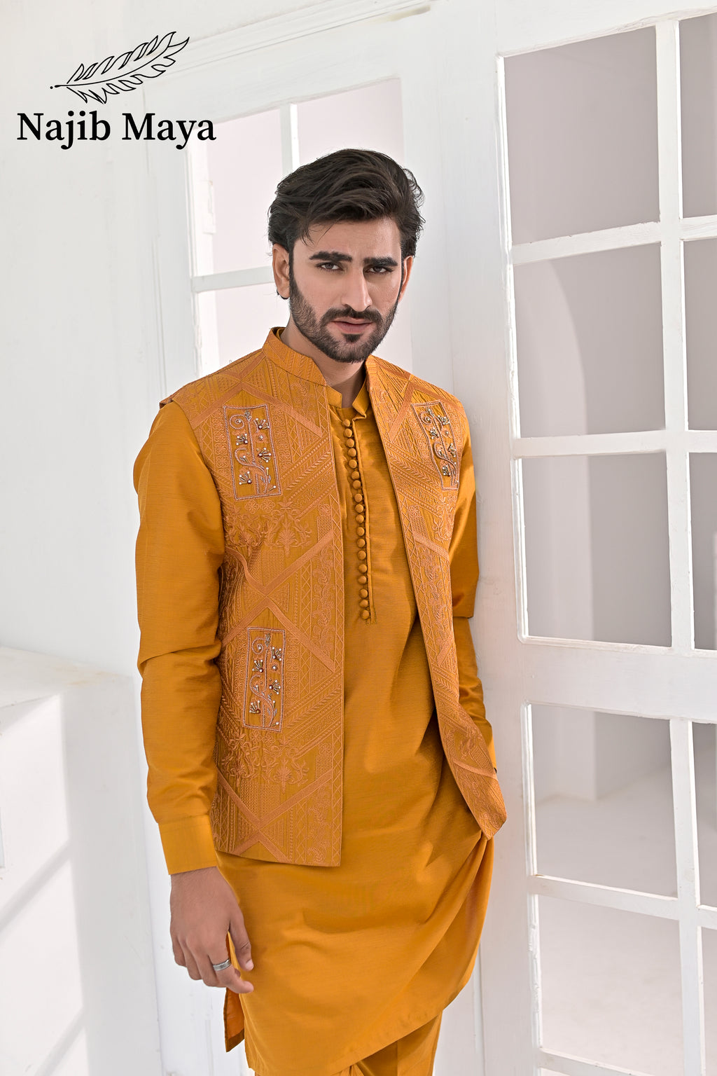 Mustard Embroidery + Handwork Work Waist Coat & Mustard Kurta Pajama For Men's