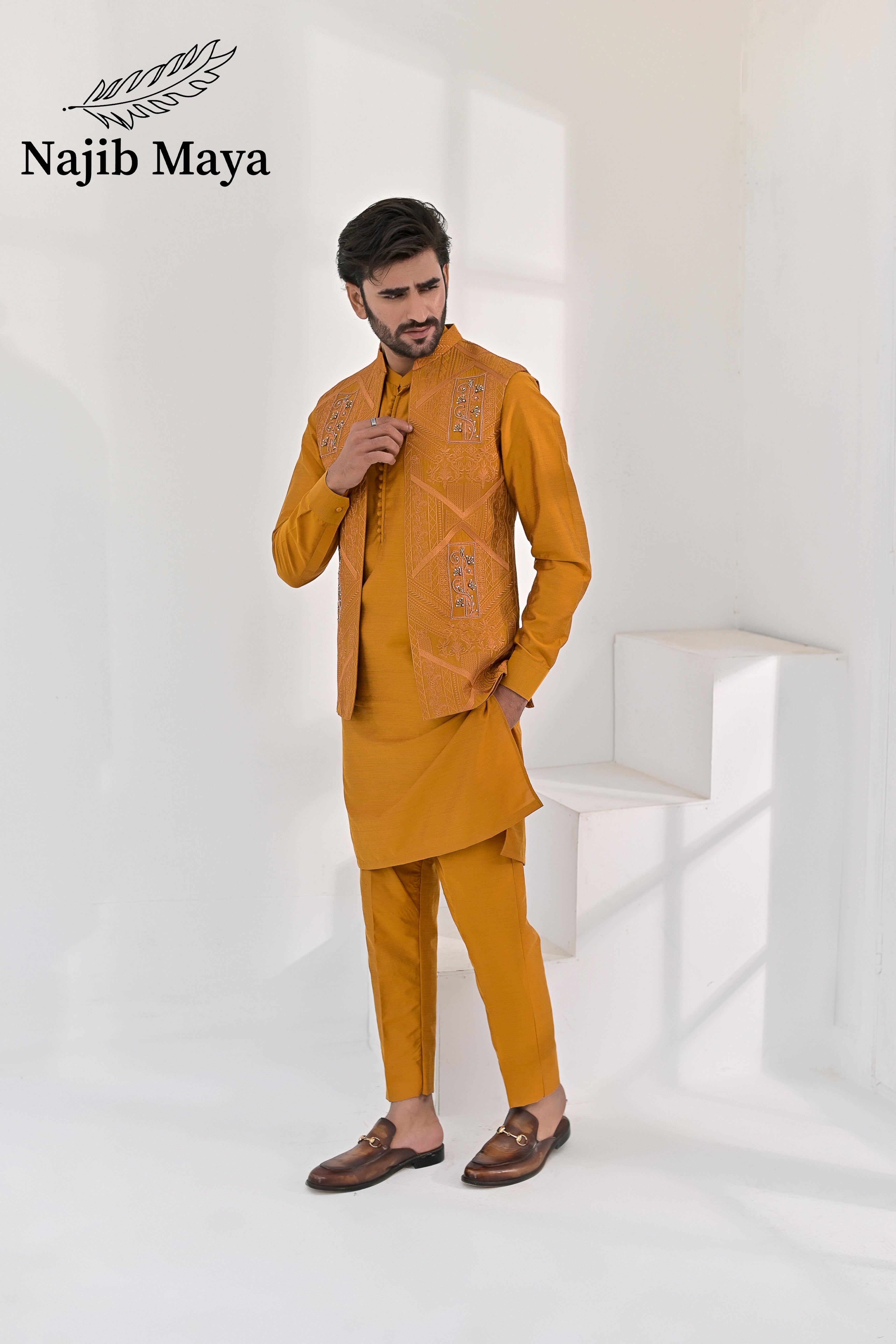 Mustard Embroidery + Handwork Work Waist Coat & Mustard Kurta Pajama For Men's