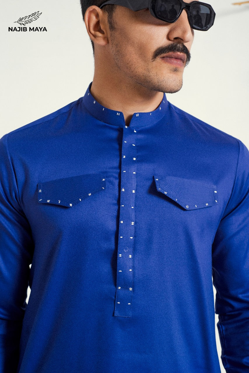 Royal Blue Pocket Style Kurta Pajama For Men's Secondary image