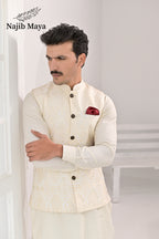 Cream Embroidery Waist Coat & Cream Kurta Pajama For Men's