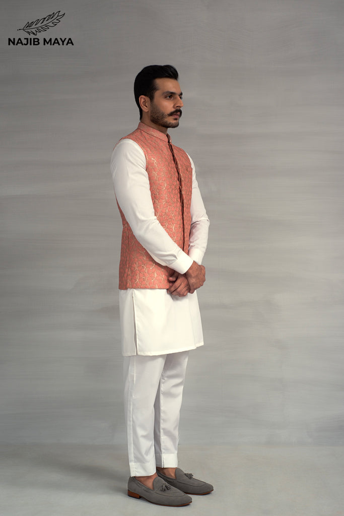 Powder Pink Embroidery Waistcoat + White Kurta Pajama For Men's