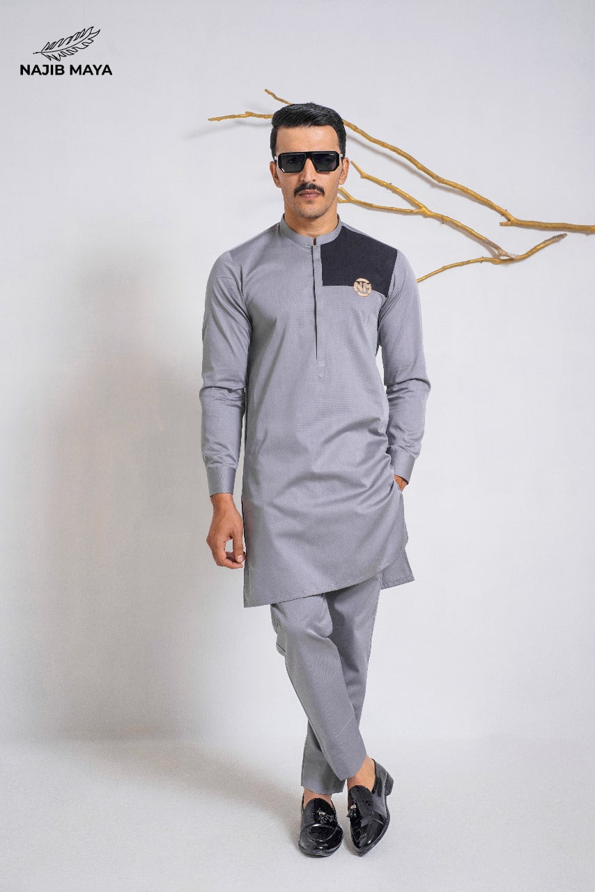 Grey Embroidered Logo Kurta Pajama For Men's Main image
