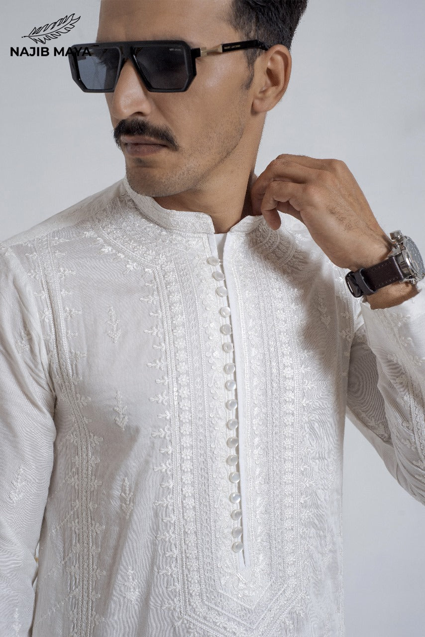 White Stylish Embroidery Kurta Pajama For Men's Secondary image