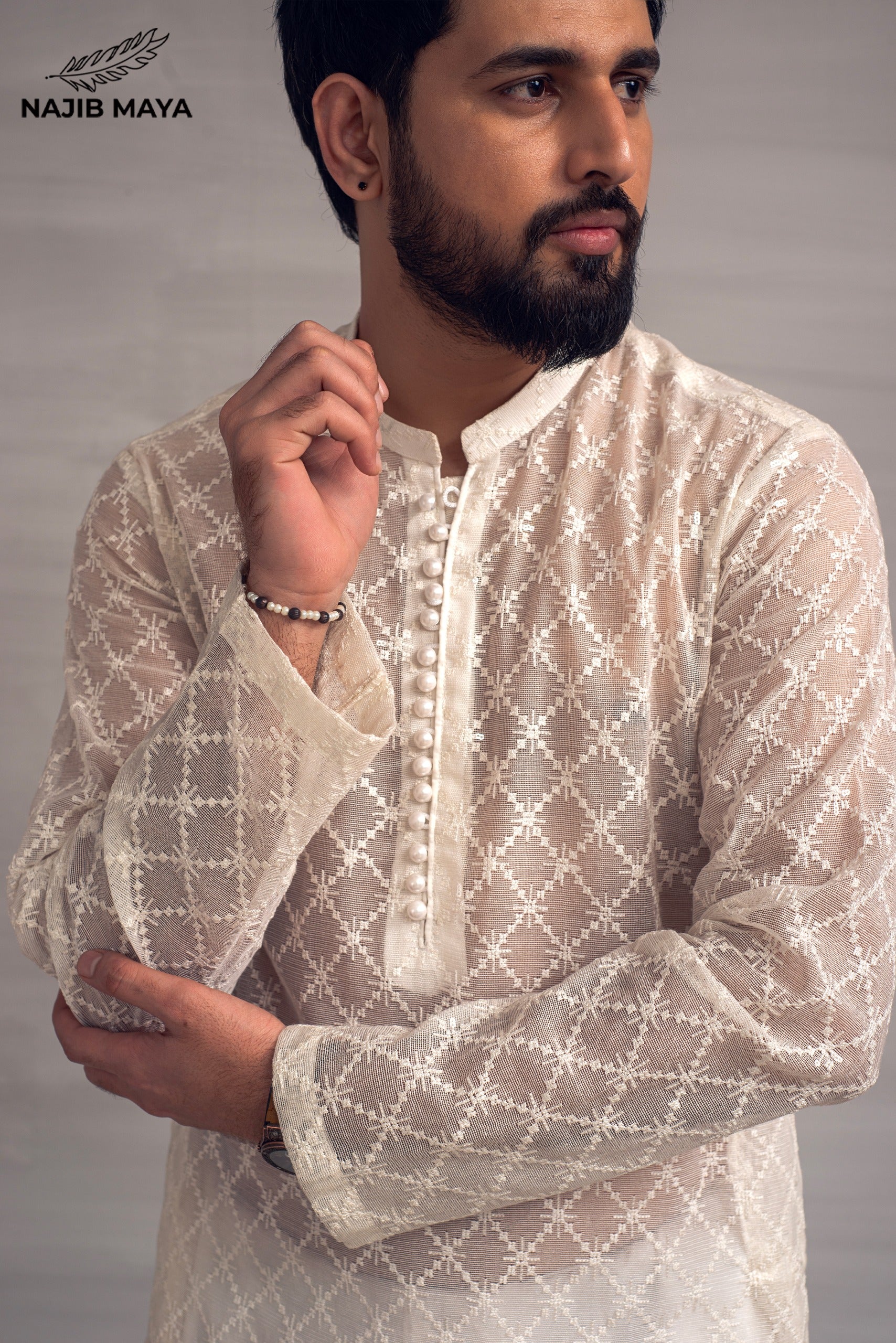 White Embroidery Sequence Kurta Pajama For Men's Secondary image