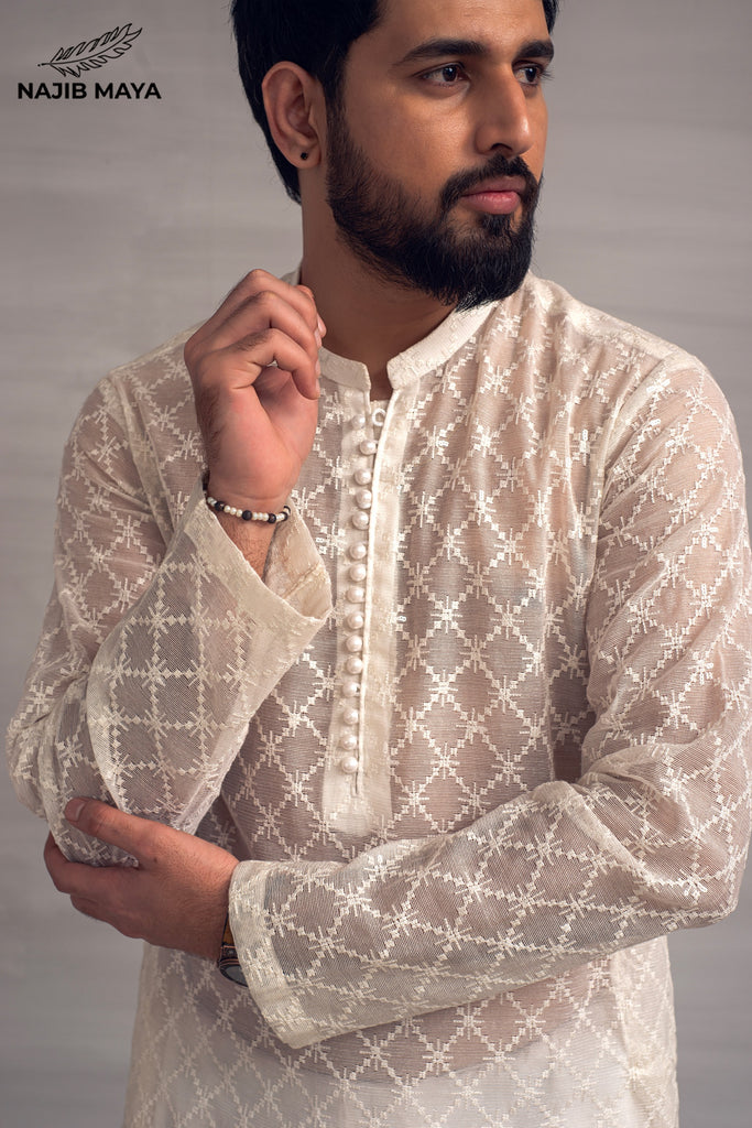 White Embroidery Sequence Kurta Pajama For Men's