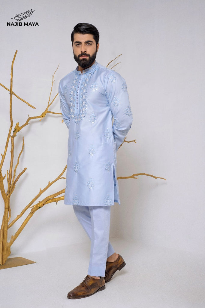 Ice Blue Stylish Embroidered Kurta Pajama For Men's