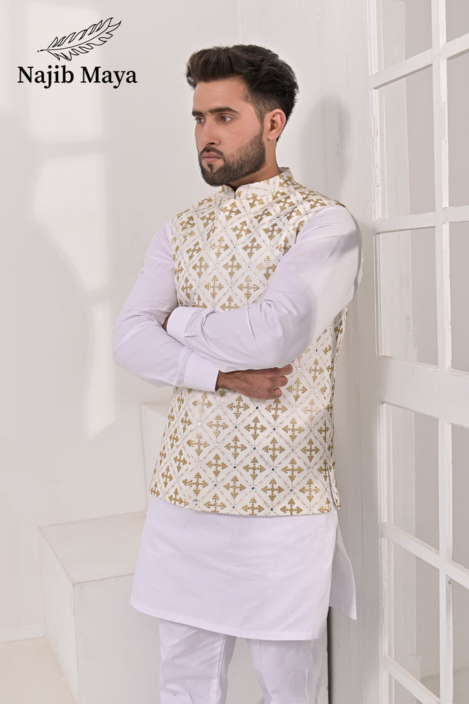 White Golden Embroidery Waist Coat & White Kurta Pajama For Men's