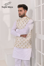 Load image into Gallery viewer, White Golden Embroidery Waist Coat &amp; White Kurta Pajama For Men&#39;s