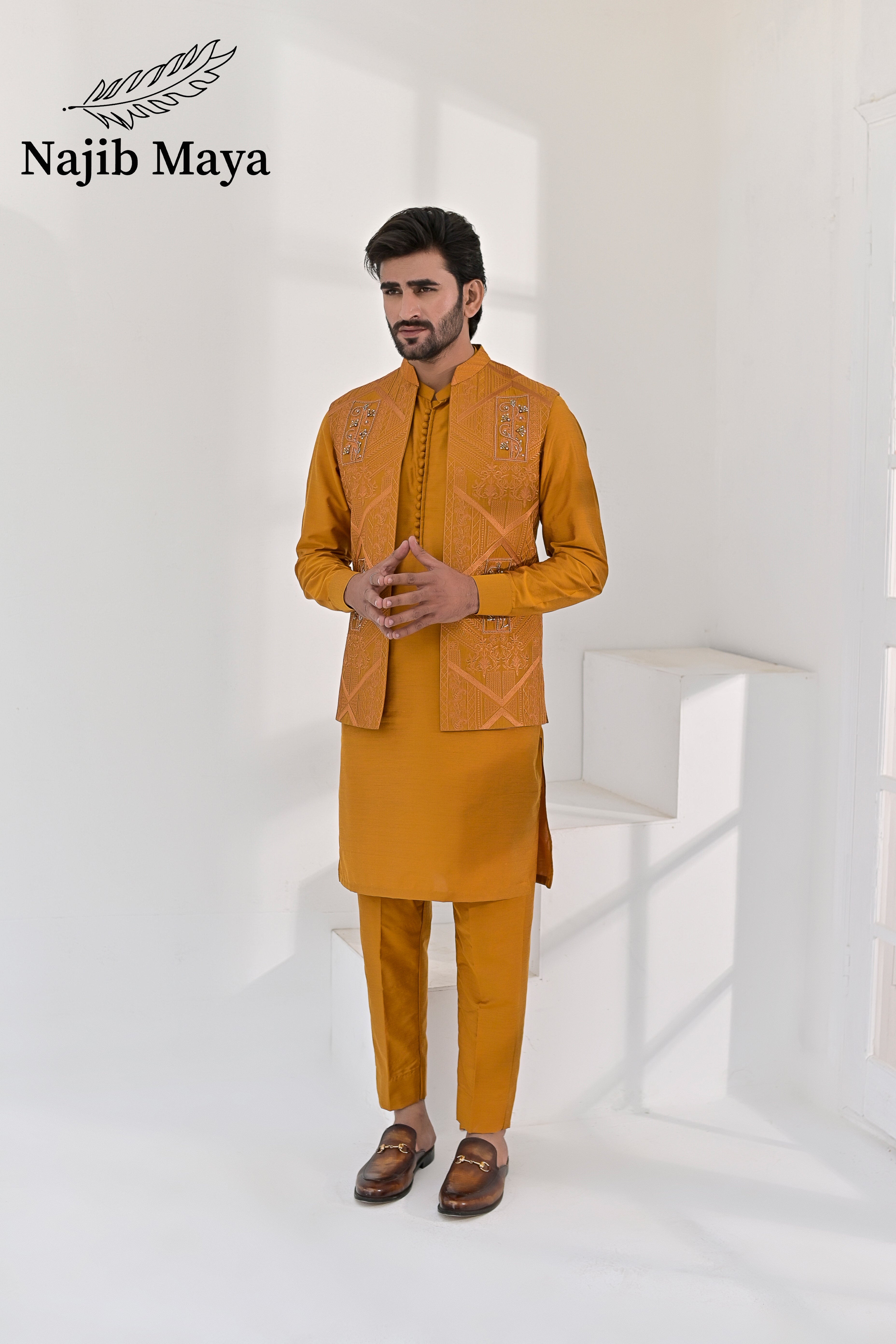 Mustard Embroidery + Handwork Work Waist Coat & Mustard Kurta Pajama For Men's Main image