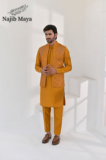 Mustard Embroidery + Handwork Work Waist Coat & Mustard Kurta Pajama For Men's