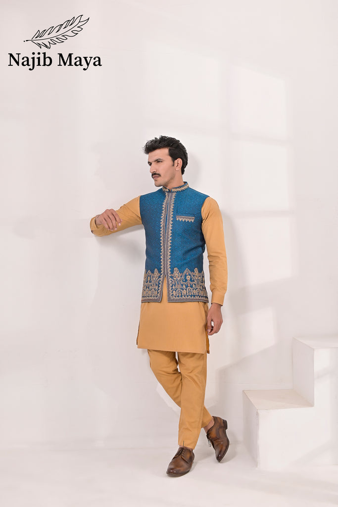 Blue Embroidery + Handwork Waist Coat & Golden Kurta Pajama For Men's