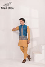 Load image into Gallery viewer, Blue Embroidery + Handwork Waist Coat &amp; Golden Kurta Pajama For Men&#39;s