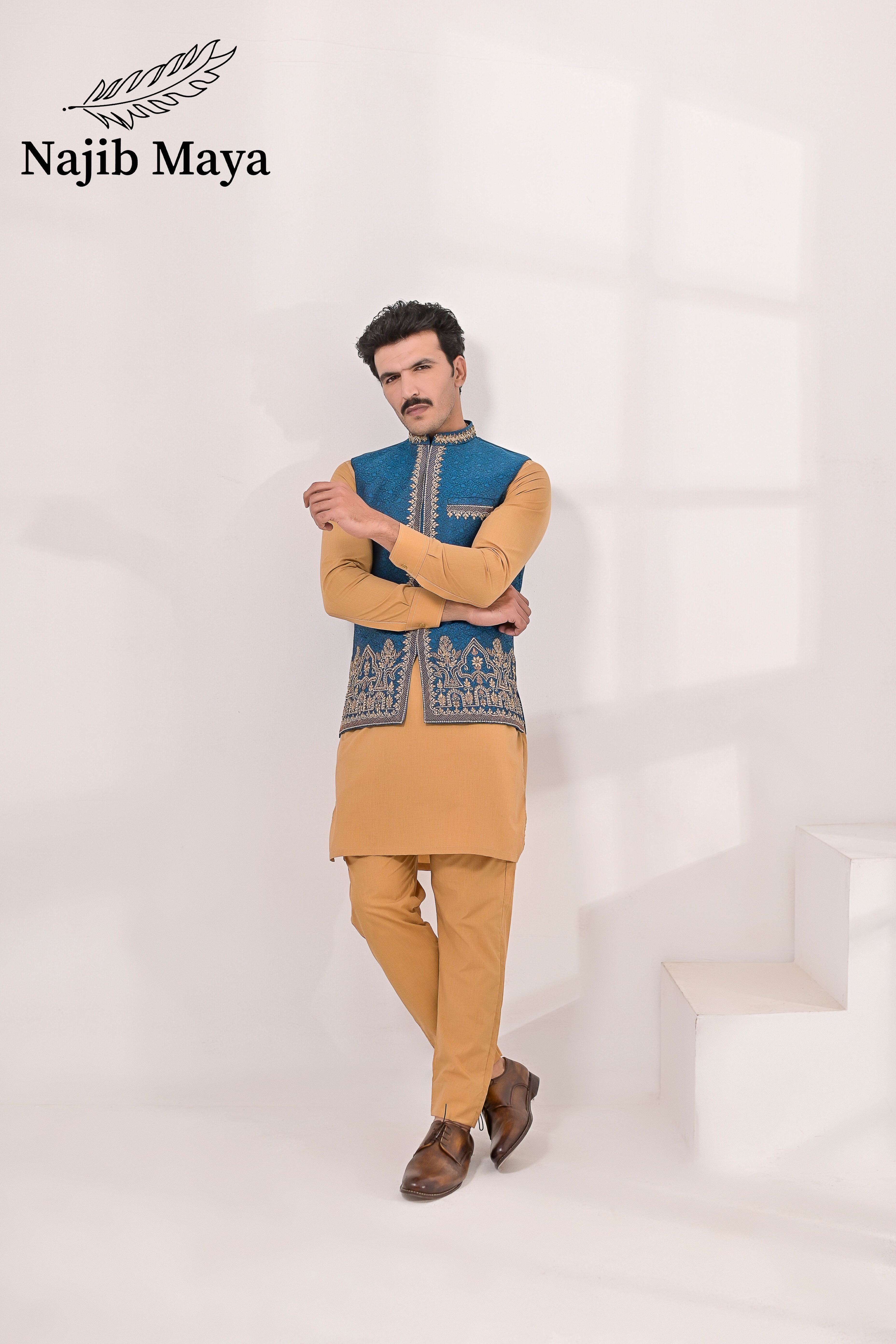 Blue Embroidery + Handwork Waist Coat & Golden Kurta Pajama For Men's Main image