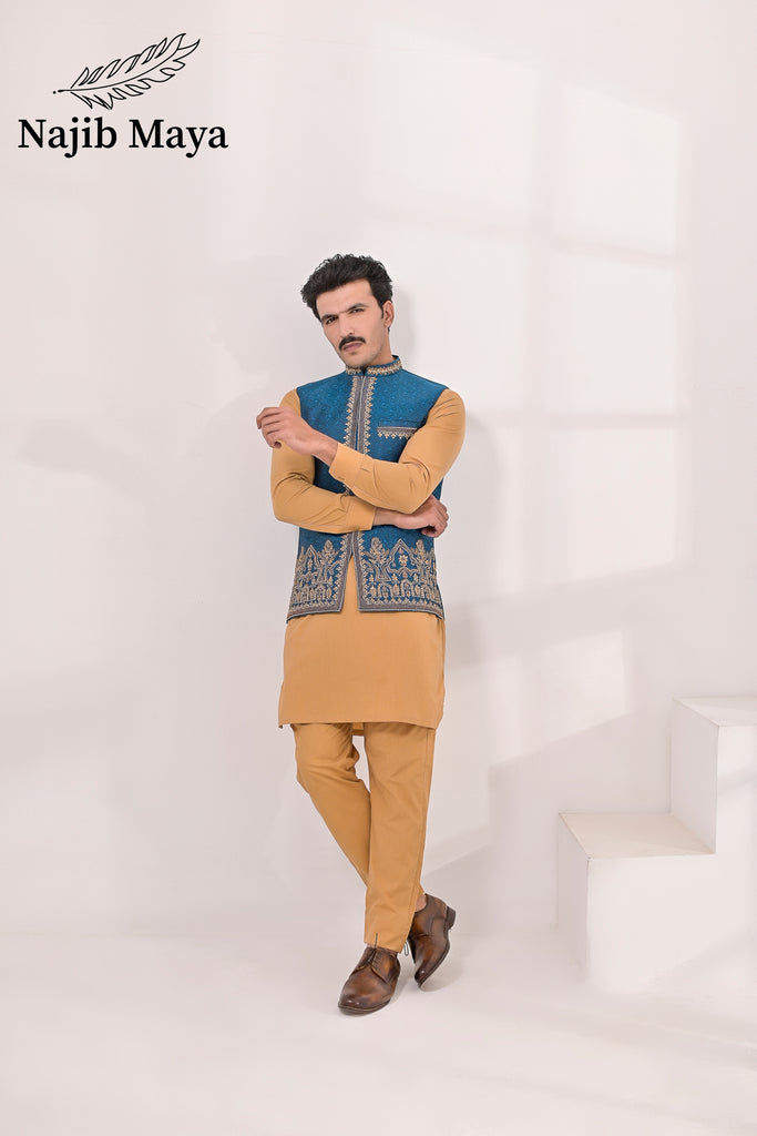 Blue Embroidery + Handwork Waist Coat & Golden Kurta Pajama For Men's