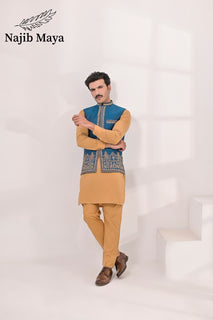 Blue Embroidery + Handwork Waist Coat & Golden Kurta Pajama For Men's