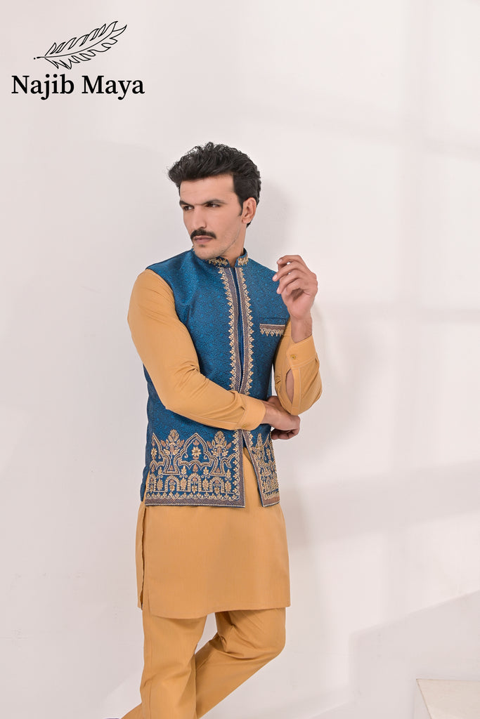 Blue Embroidery + Handwork Waist Coat & Golden Kurta Pajama For Men's