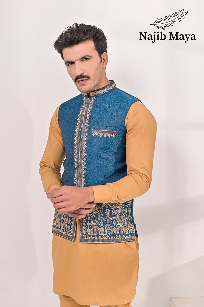 Blue Embroidery + Handwork Waist Coat & Golden Kurta Pajama For Men's