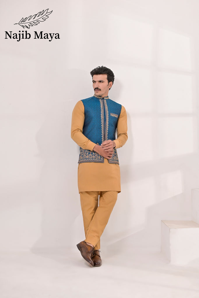 Blue Embroidery + Handwork Waist Coat & Golden Kurta Pajama For Men's